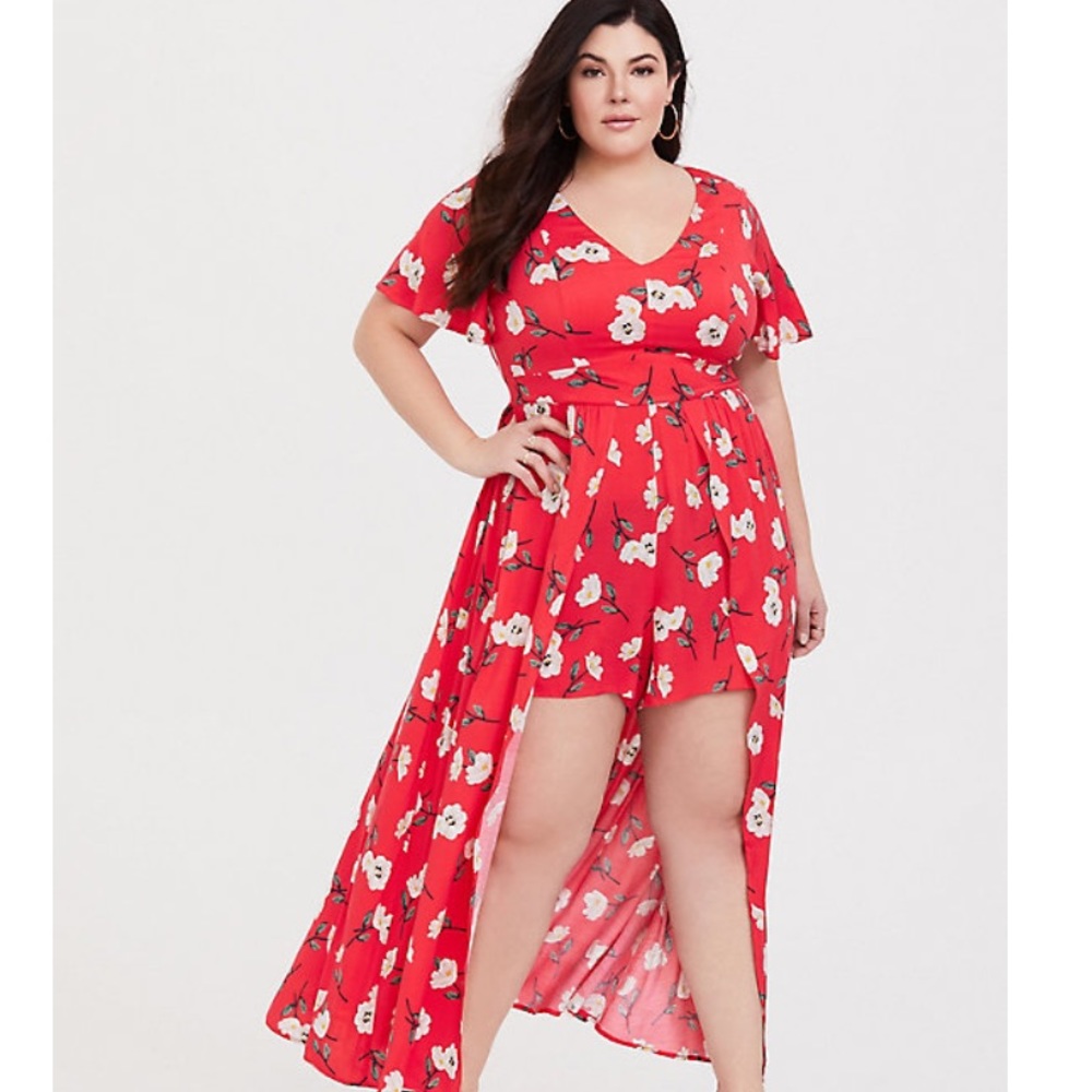 Red Floral Print Walk Through Challis Romper